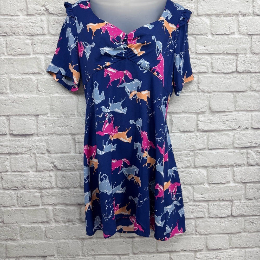 ModCloth Neon Stampede Navy Blue Horse Print Ruffle Mini Dress - Size Large